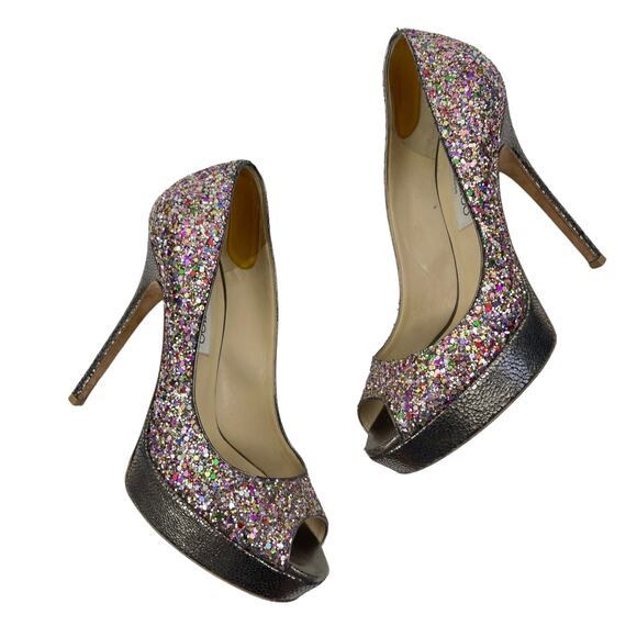 Jimmy Choo Rainbow Glitter Peep Toe Platform Pumps Size 37 - Picture 6 of 13